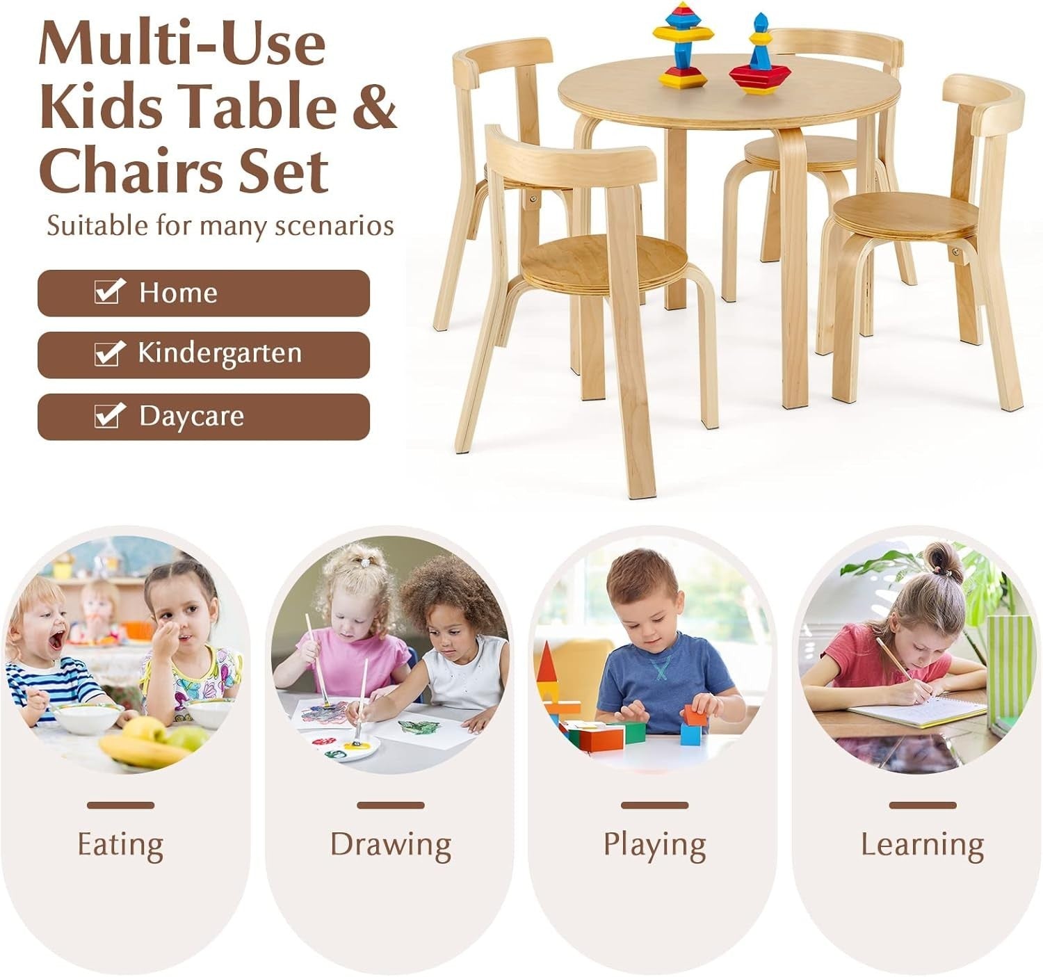 Kids 5-Piece Wooden Table & Chair Set with Ergonomic Chairs for Play & Learning
