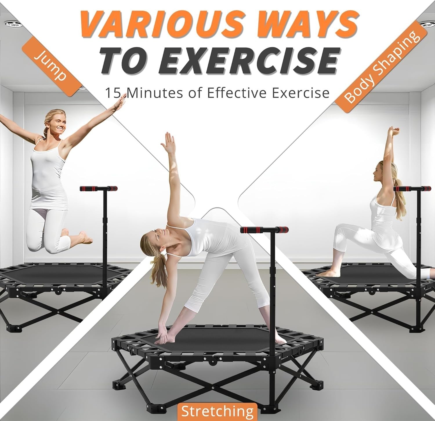 42” Foldable Fitness Trampoline Indoor Rebounder w Adjustable Handle 450lbs