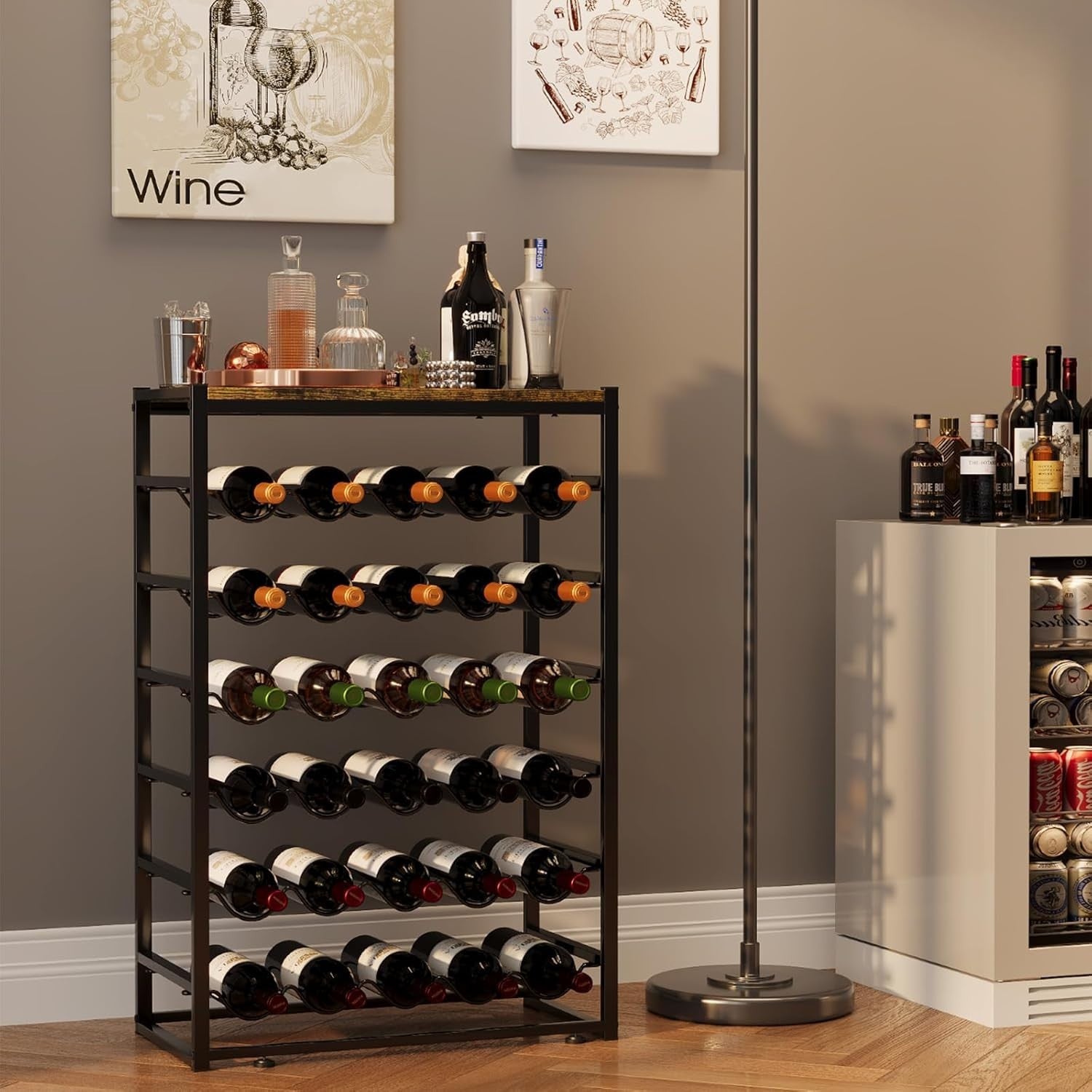 6-Tier Wine Rack for 30 Bottles with Wooden Top & Glass Holder