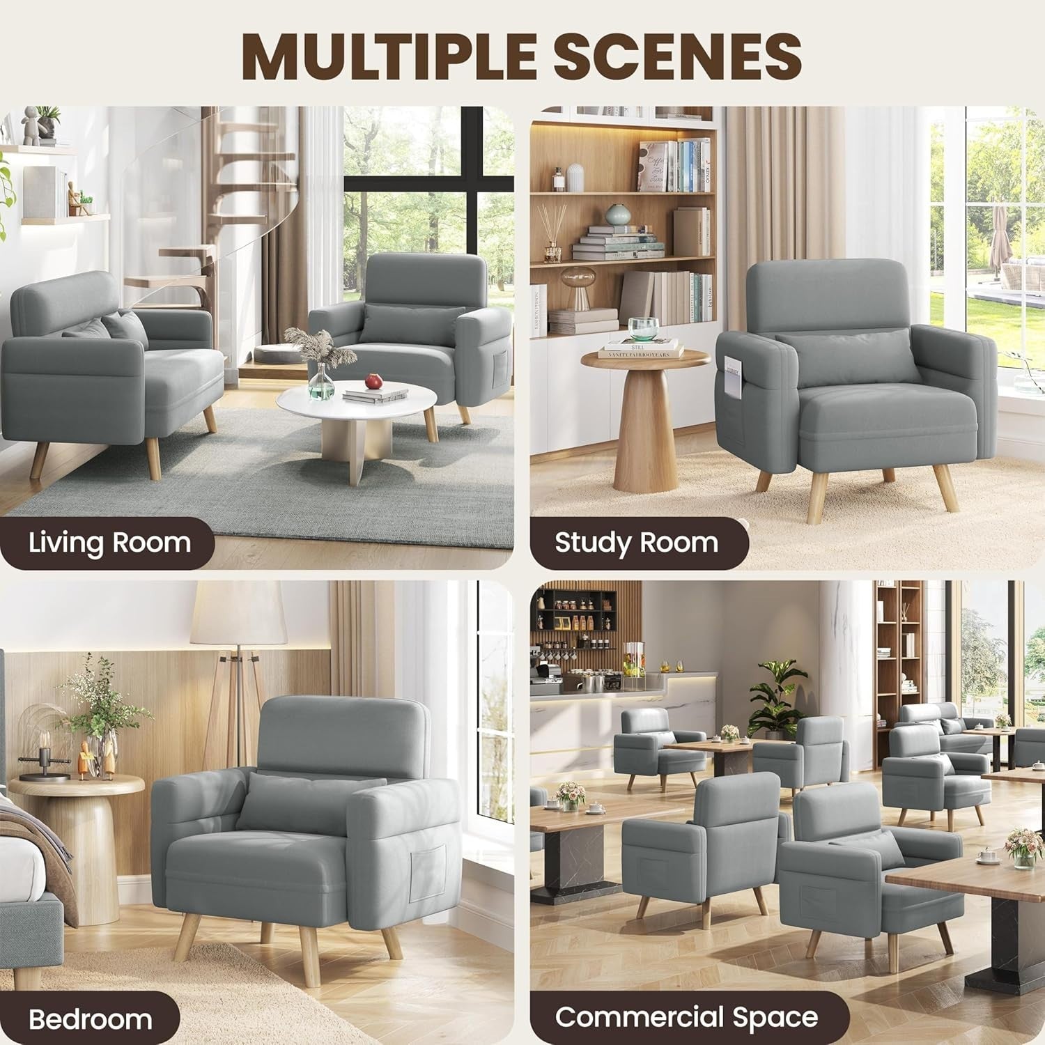 Modern Small Grey Fabric Armchair with Storage Pockets & Lumbar Support