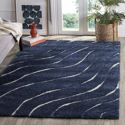 Blue Shaggy Area Rug 160x230cm Thick Pile Anti Slip Wave Pattern Carpet