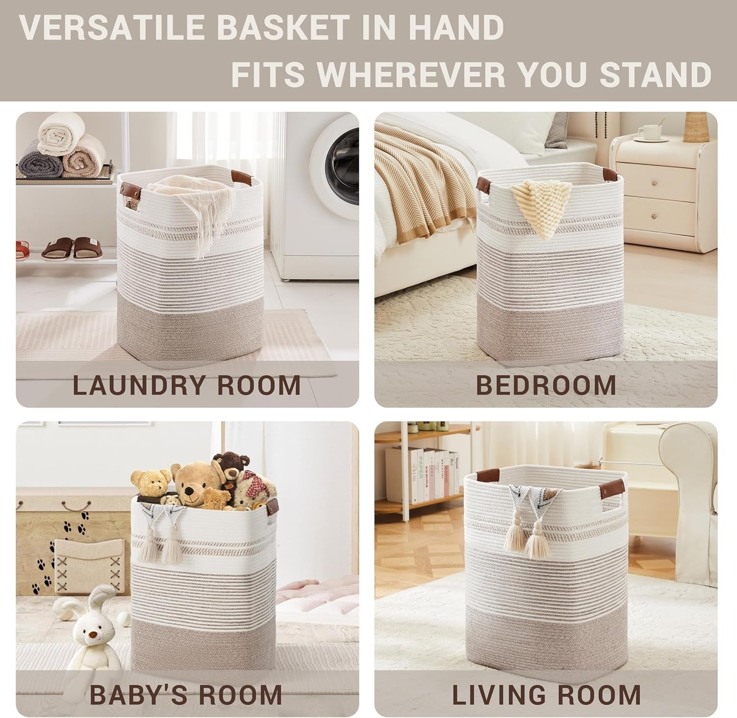 85L Large Woven Laundry Hamper with Handles, Tall Rope Basket for Blankets & Clo