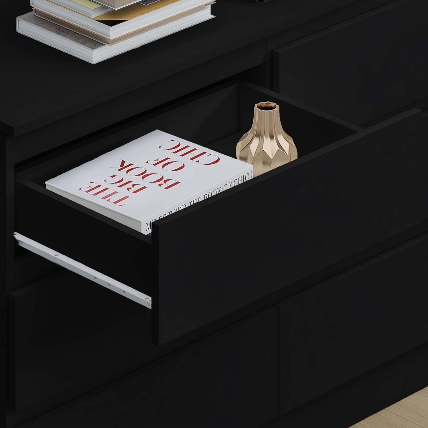Black 6 Drawer Chest Dresser Unit Bedroom Storage Cabinet Modern MDF