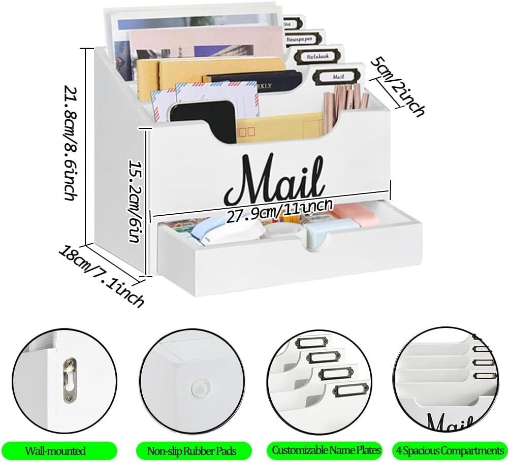Wood Desktop Mail Organizer with Drawer 4 Compartment File Holder