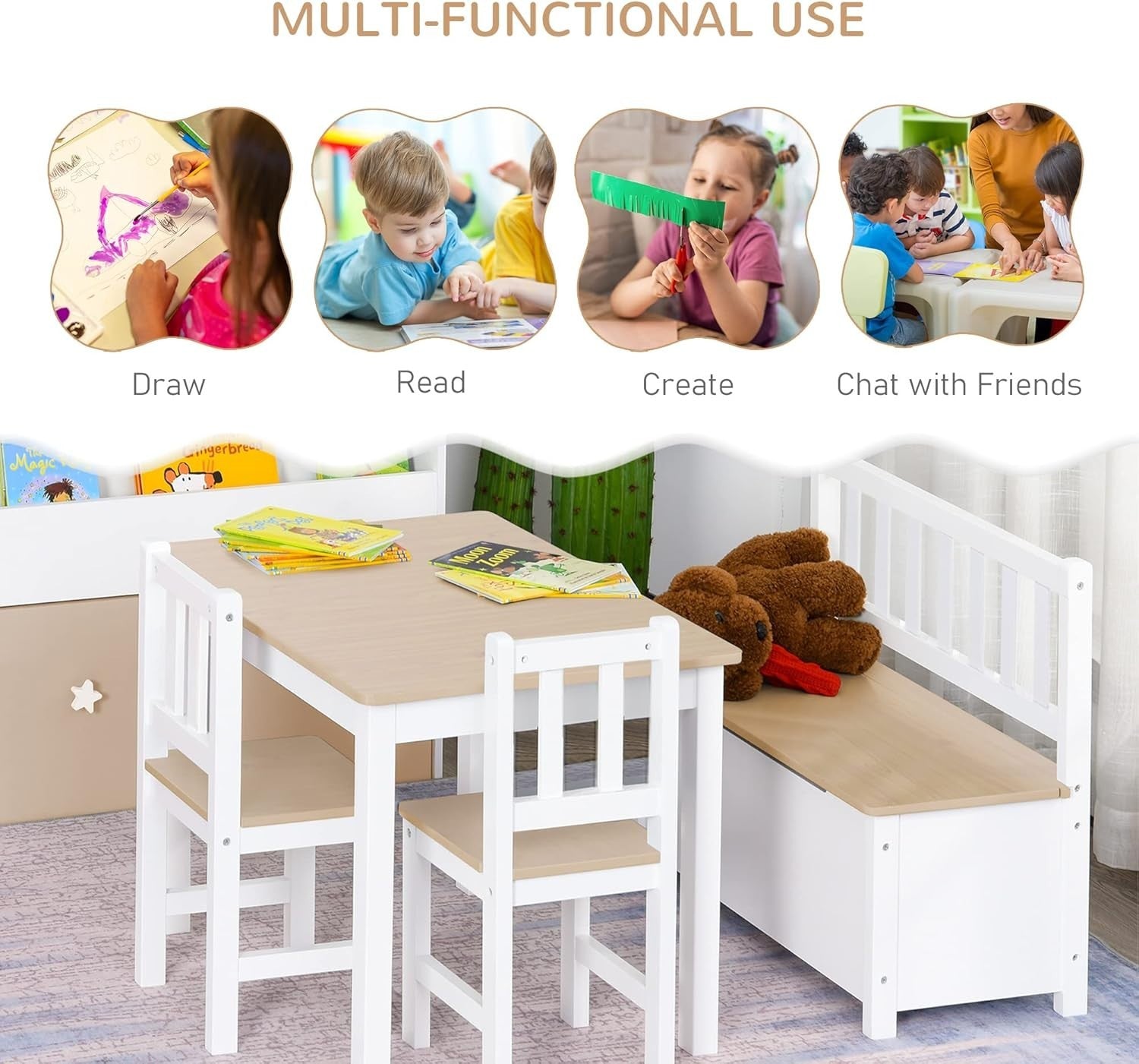 Kids 4-Piece Table & Chair Set with Storage Bench, Safe & Modern Design
