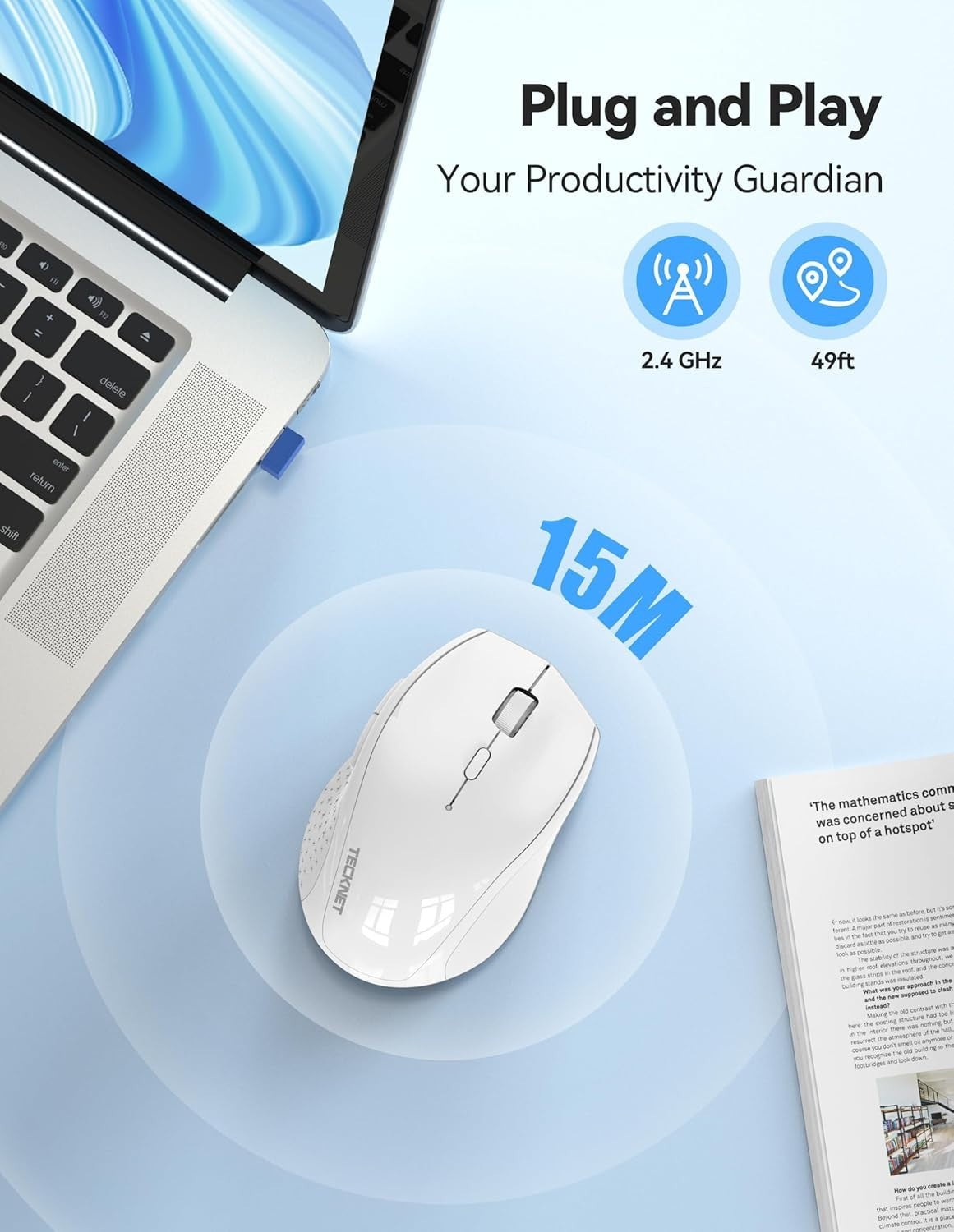 White Rechargeable Wireless Mouse 6400 DPI Silent Ergonomic USB for Laptop PC