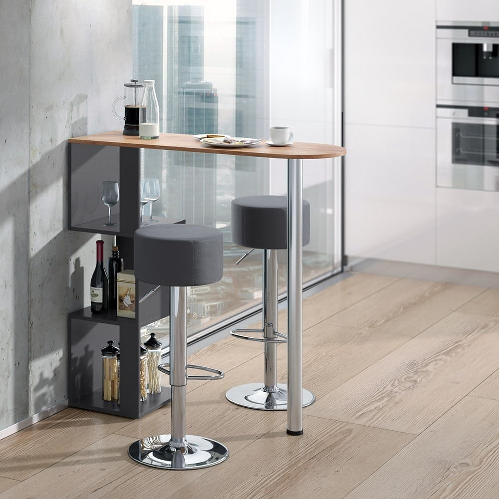 Bar Table Set with 2 Swivel Stools Storage Shelf Gold Oak Anthracite Modern