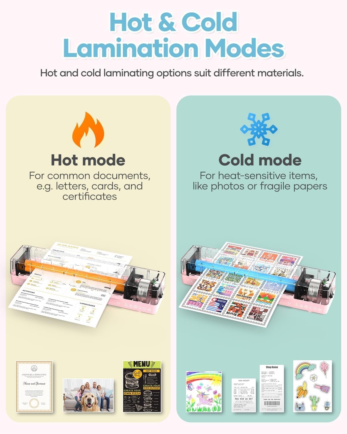 A4 Laminator Pink Hot Cold Fast Warm Up Anti Jam + Pouches