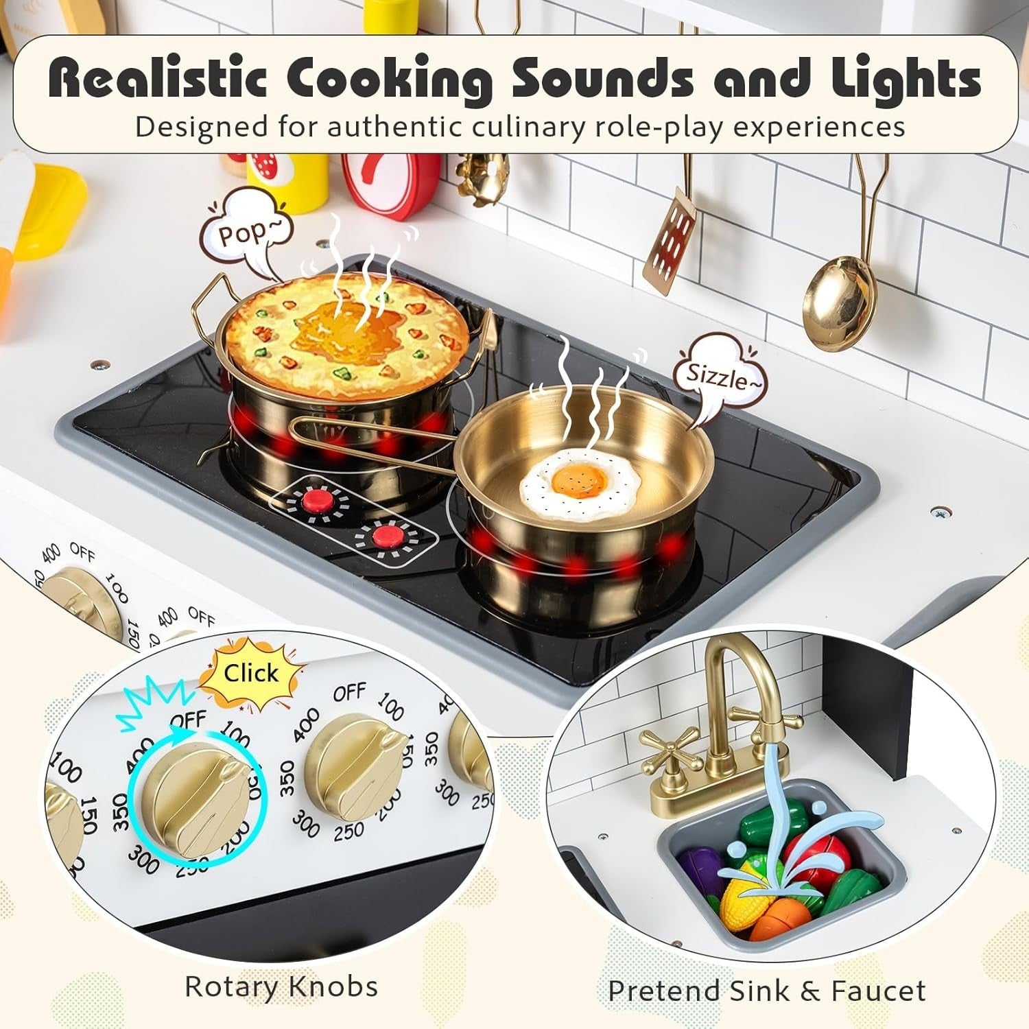 Wooden Kids Play Kitchen Black Lights Sounds Coffee Maker Toy Set