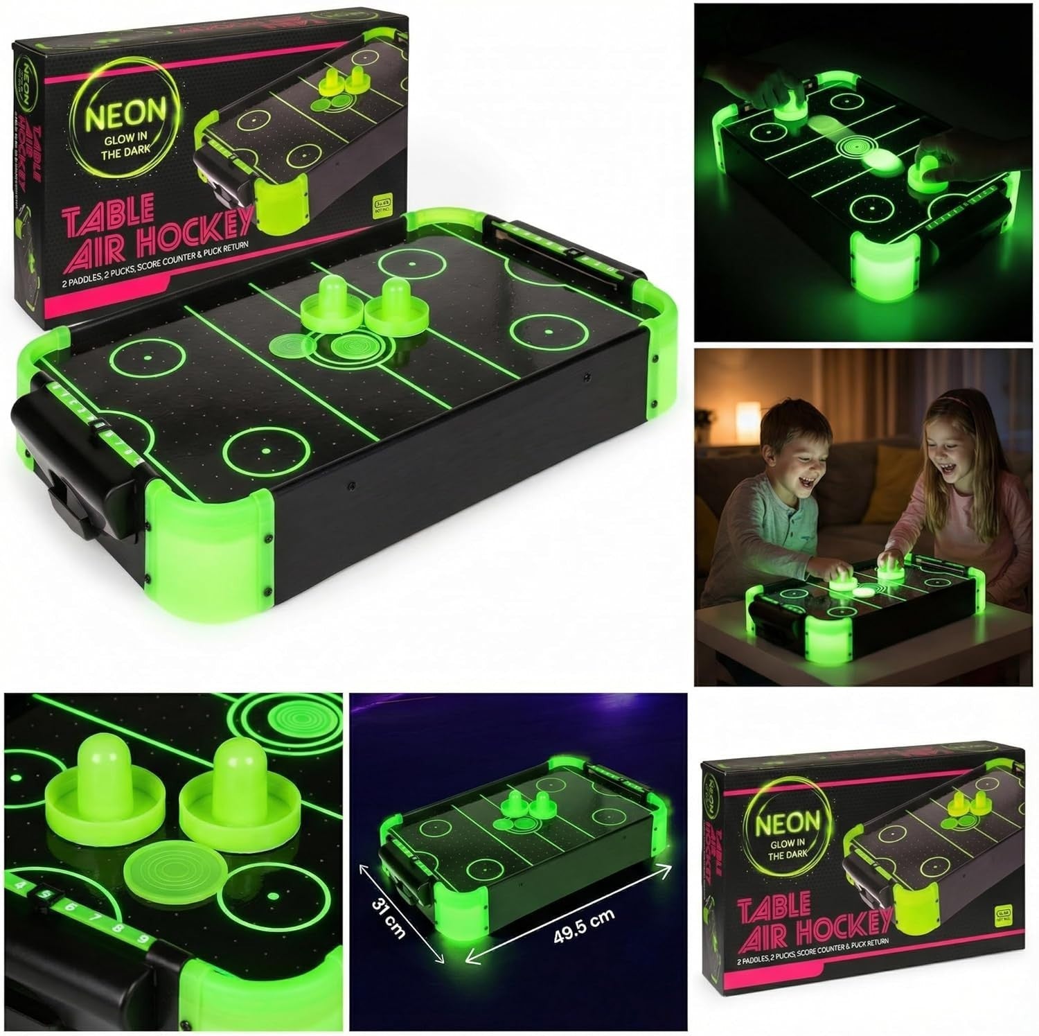 Glow in the Dark Tabletop Air Hockey Game Neon Arcade Fun