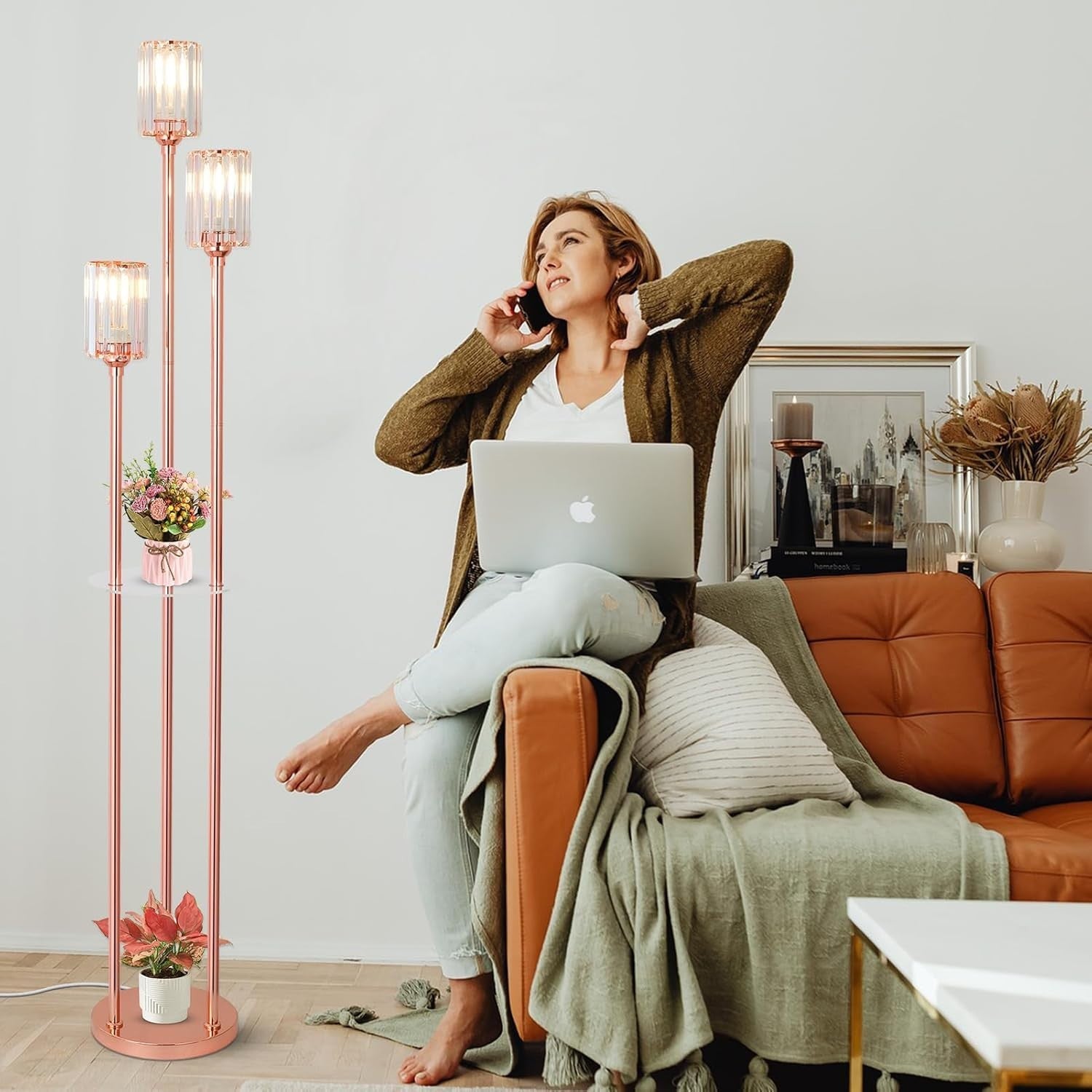 3-Light Rose Gold Floor Lamp with Glass Shades & Shelves | Modern Standing Light