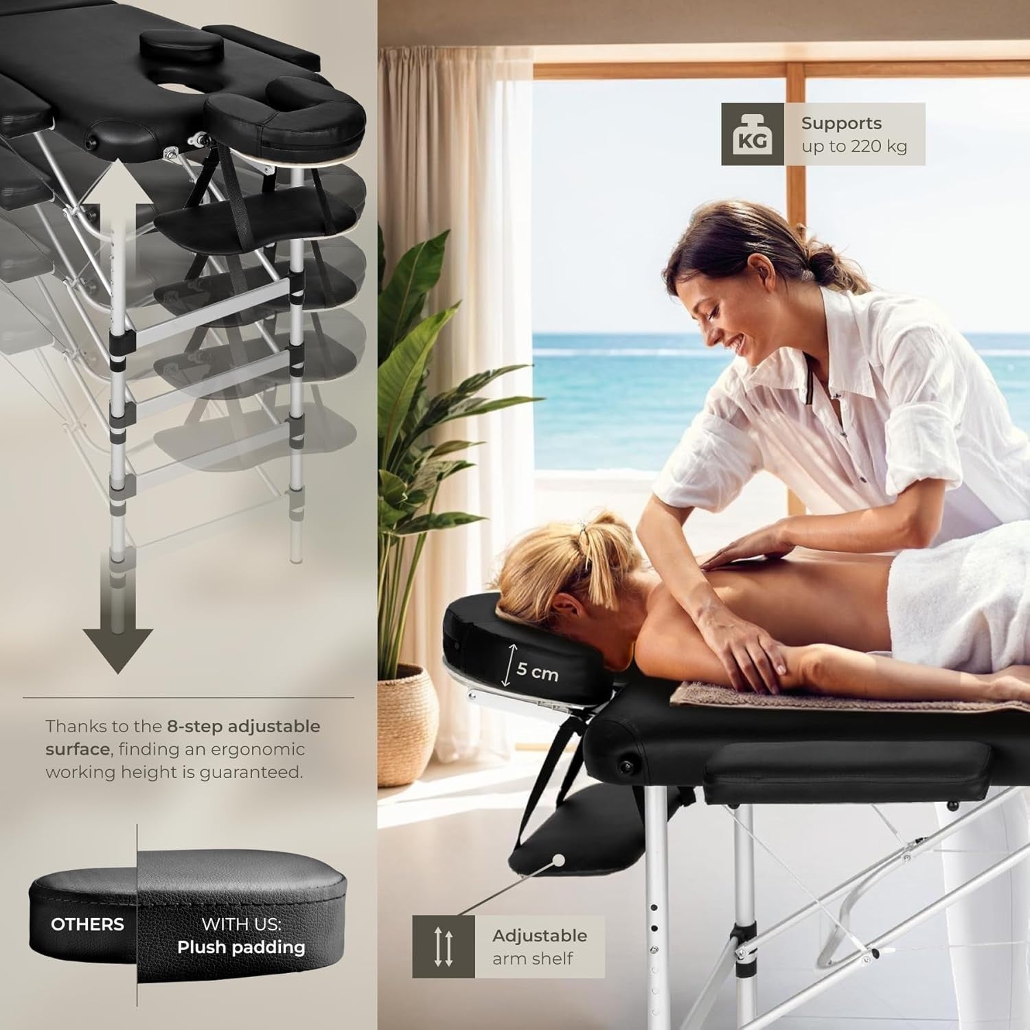 Portable Massage Table Foldable Height Adjustable Aluminium Bed + Bag Black