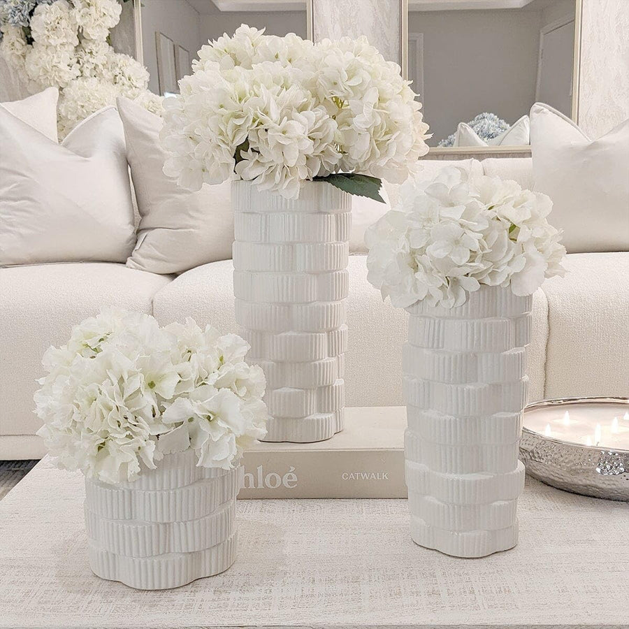 White Ceramic Ribbed Vase Set of 3 Modern Flower Wedding Table Centrepiece
