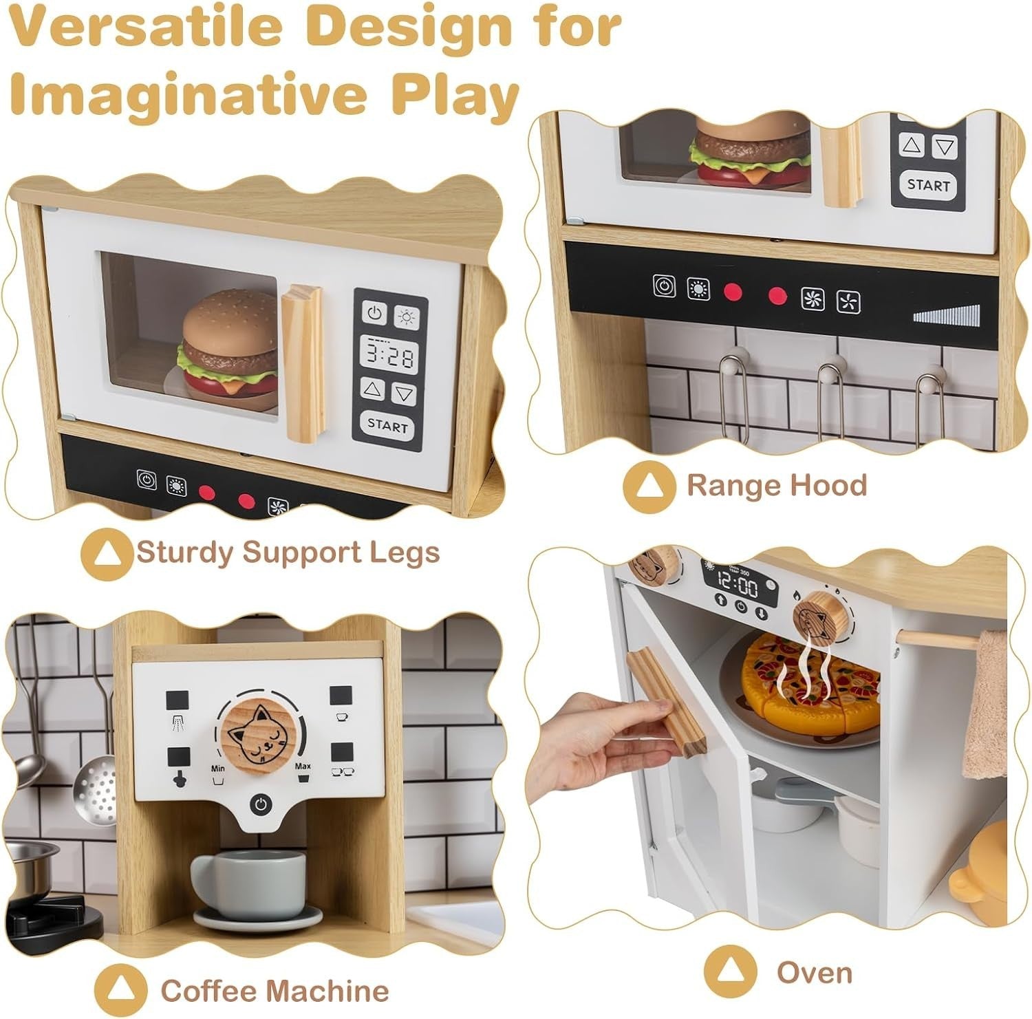 Kids Wooden Play Kitchen Lights Sounds Coffee Machine Ice Maker Toy