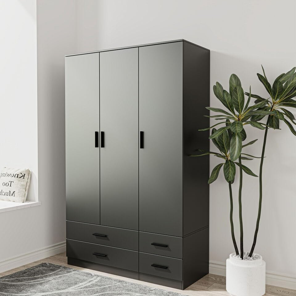 3 Door 4 Drawer Wardrobe Hanging Rail Black Bedroom Storage Organizer