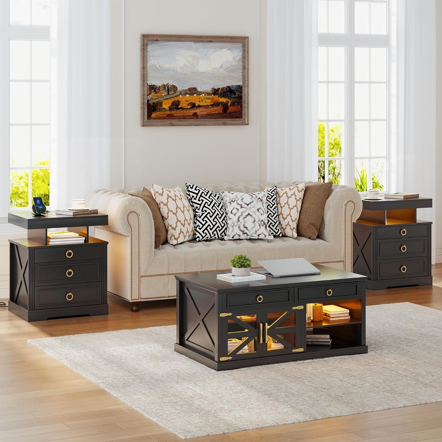 LED Bedside Tables Set of 2 with Hidden Drawer, Wireless Charging & Storage