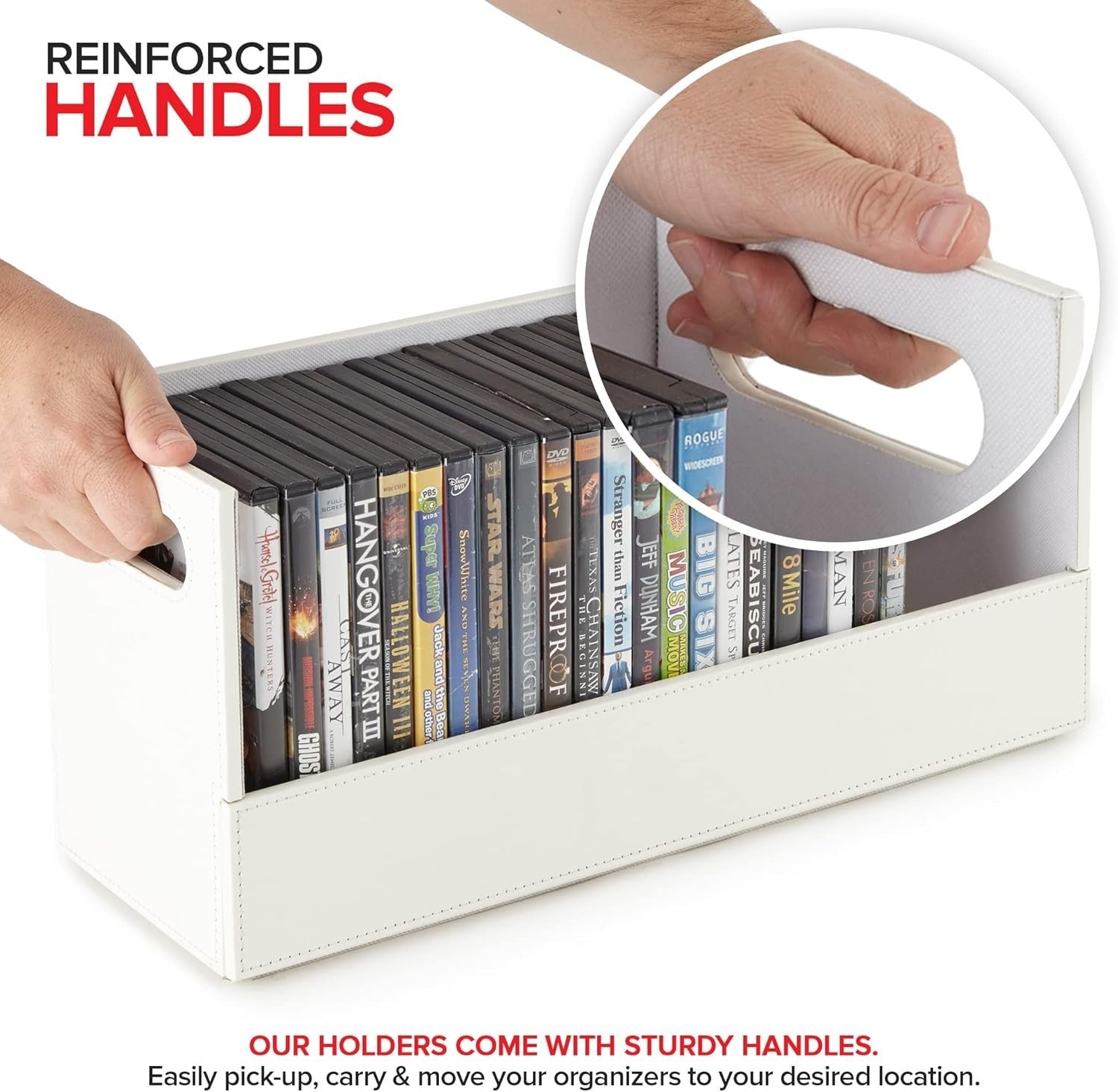 DVD Storage Box Organizer Holds 28 Cases Faux Leather White Shelf