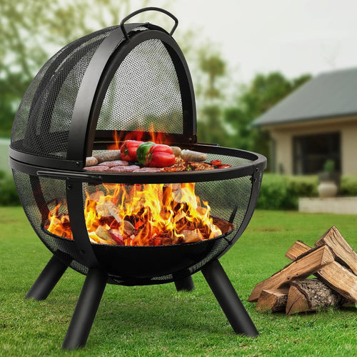 Outdoor Fire Pit BBQ Grill Globe Ball Fire Bowl with Mesh Cover | Large 86cm