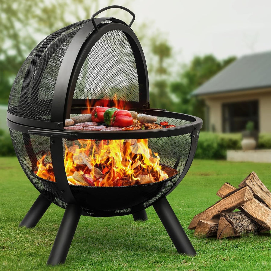 Outdoor Fire Pit BBQ Grill Globe Ball Fire Bowl with Mesh Cover | Large 86cm