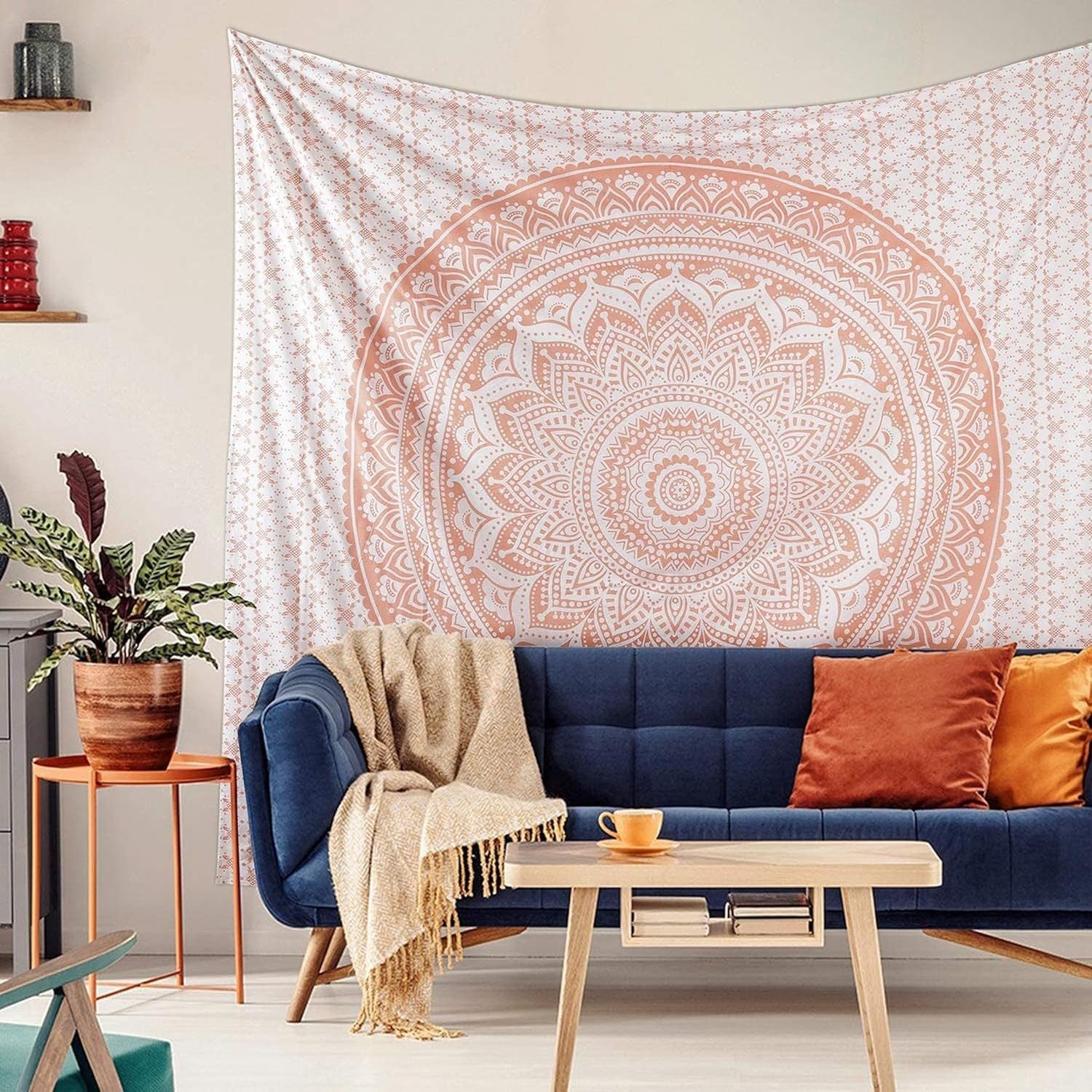 Boho White Rose Gold Mandala Tapestry 52x82" Cotton Wall Decor