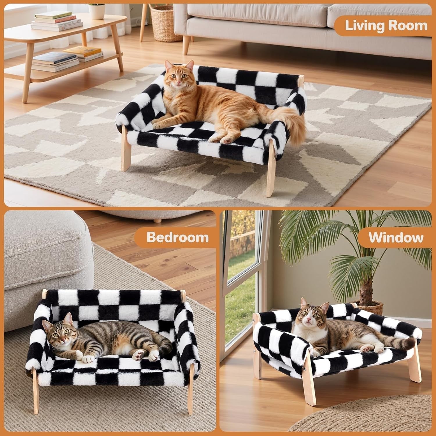 Wooden Cat Sofa Bed Plush Velvet Pet Couch Washable Cover Elevated