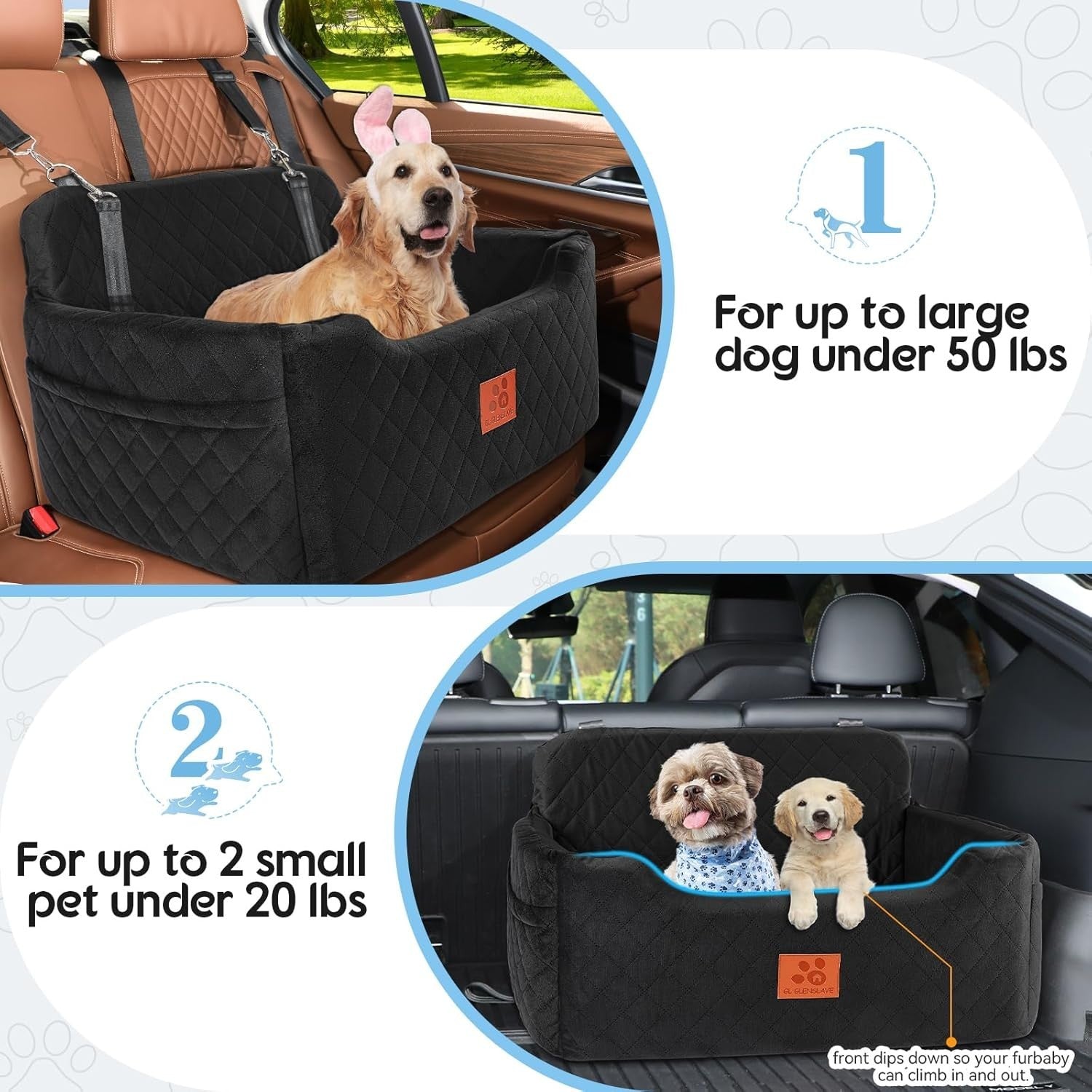 Large Dog Booster Car Seat Memory Foam Travel Bed Washable Black 50lb