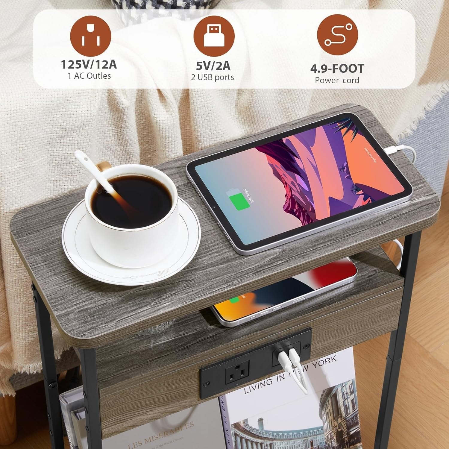 Grey Narrow Side Table with USB & Outlets – 3-Tier Slim Bedside Unit