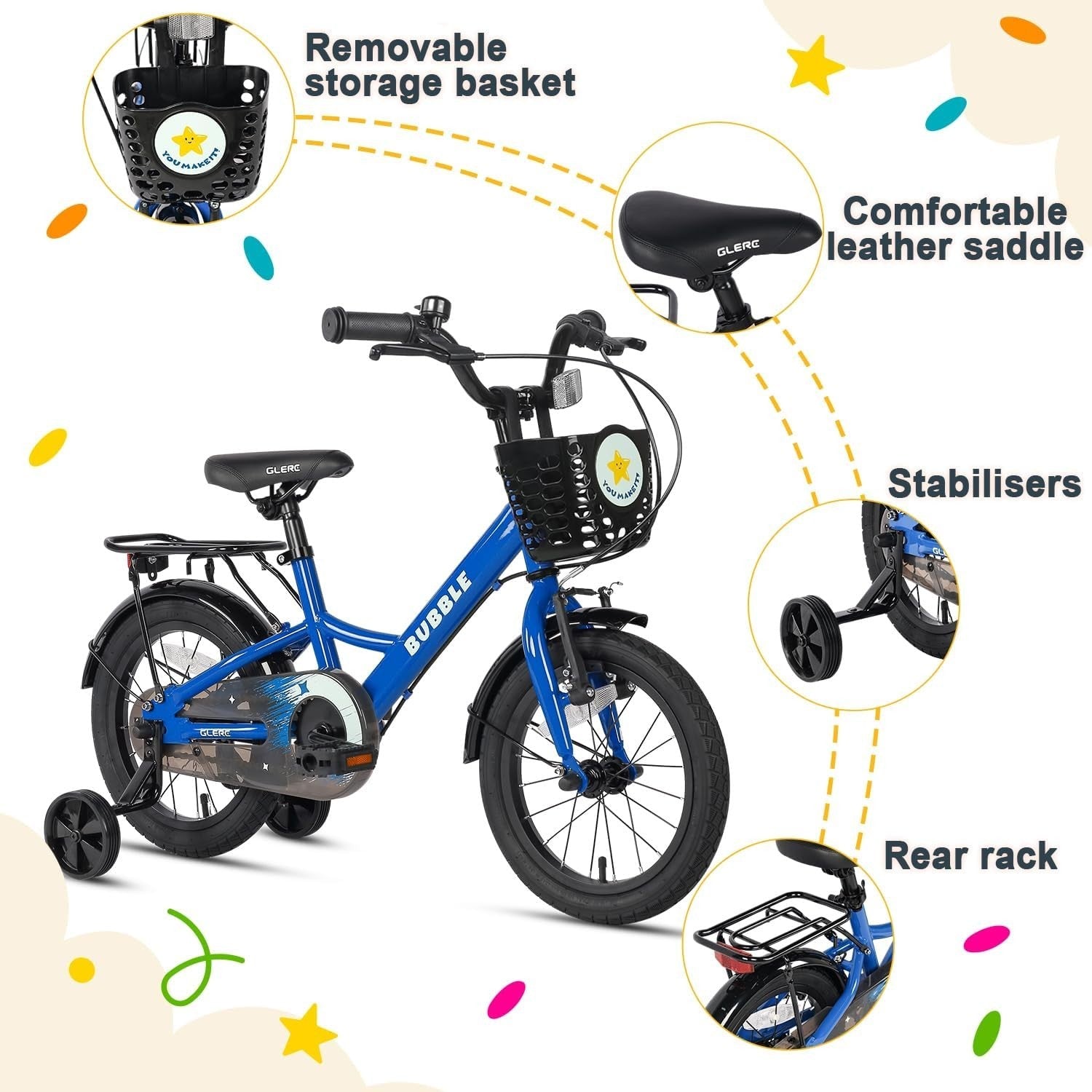 12 Inch Kids Bike with Basket Stabilisers Rear Rack Bicycle Age 3-5