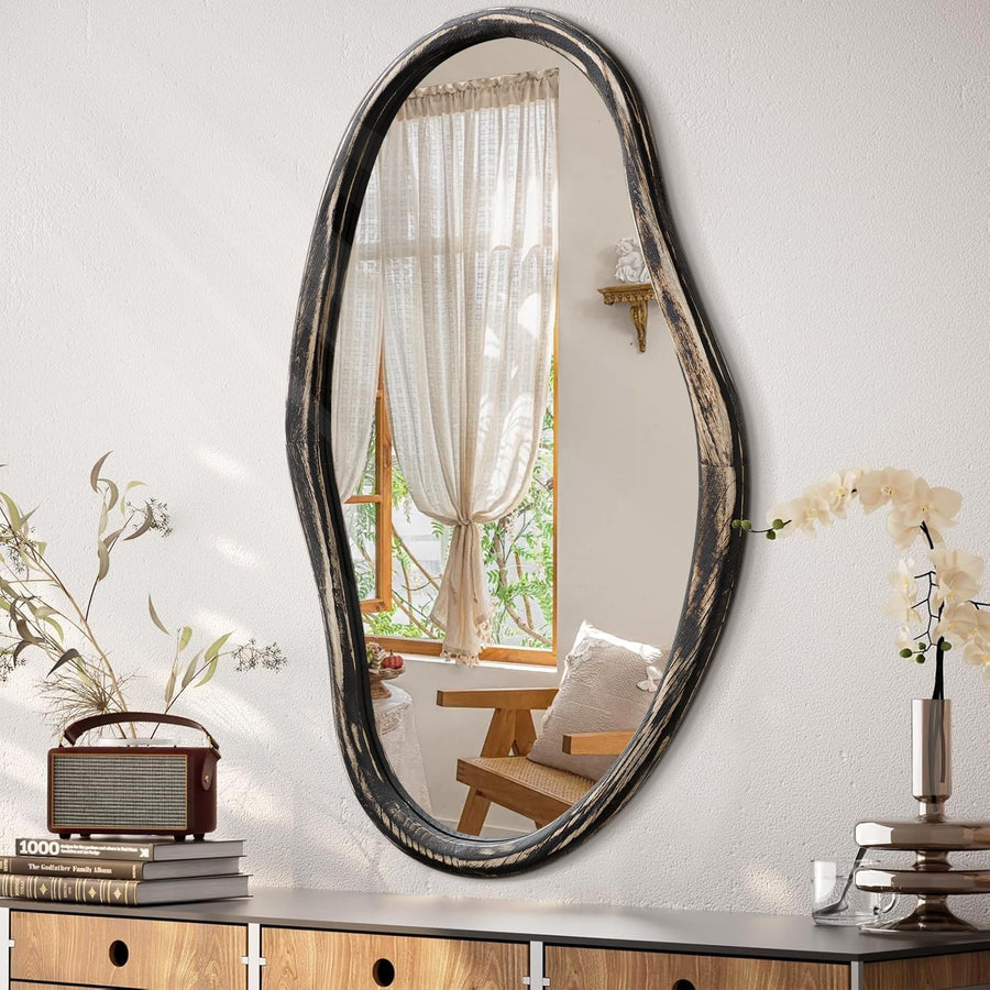 Rustic Black Wall Mirror 85x55cm Irregular Shape for Bathroom Hallway