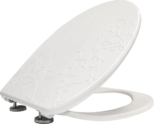 White Floral Toilet Seat Slow Close Adjustable Hinges Universal Fit