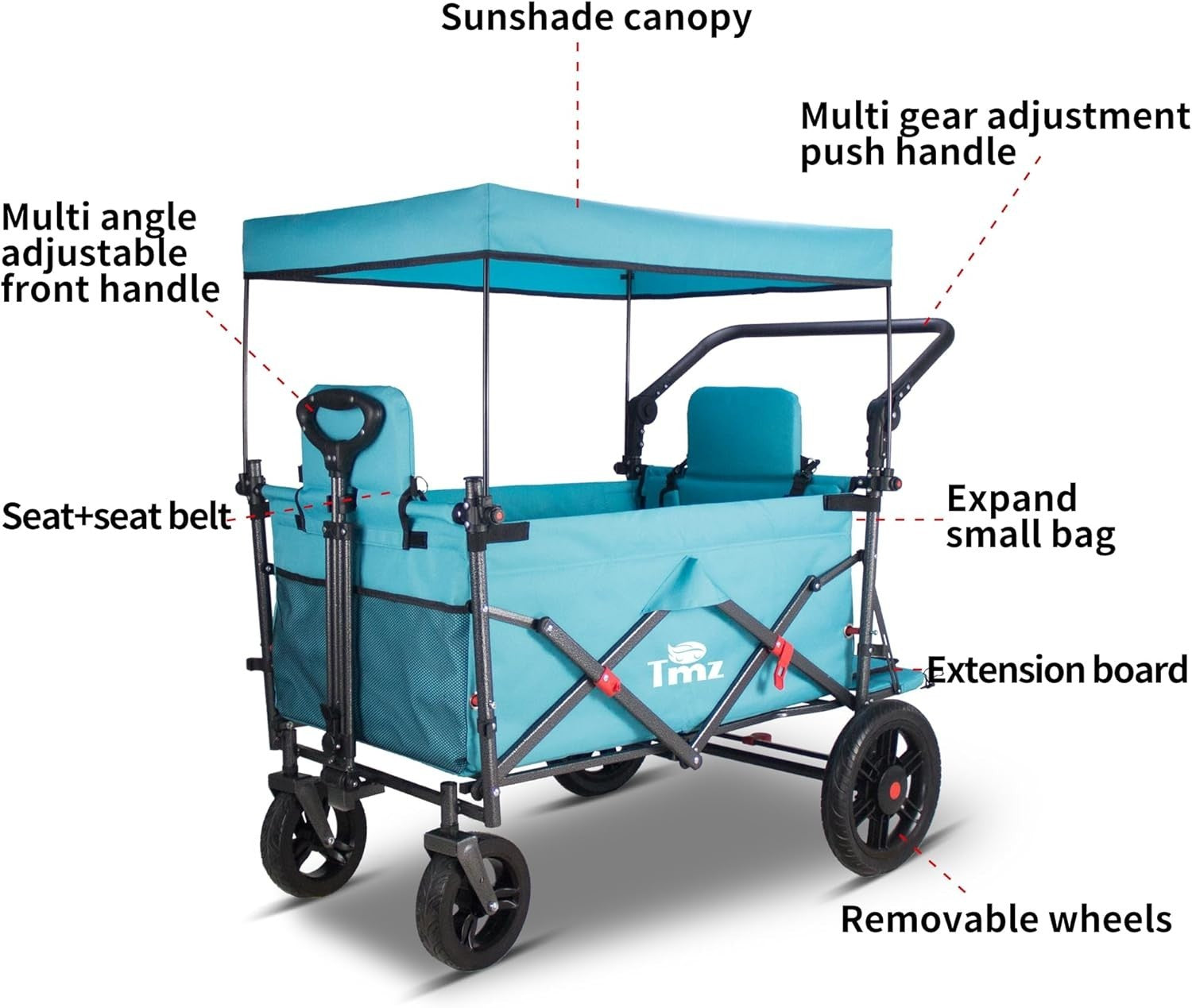 Folding Wagon Trolley Turquoise 120kg Load w/ Canopy 2 Seats Brake Large Storage