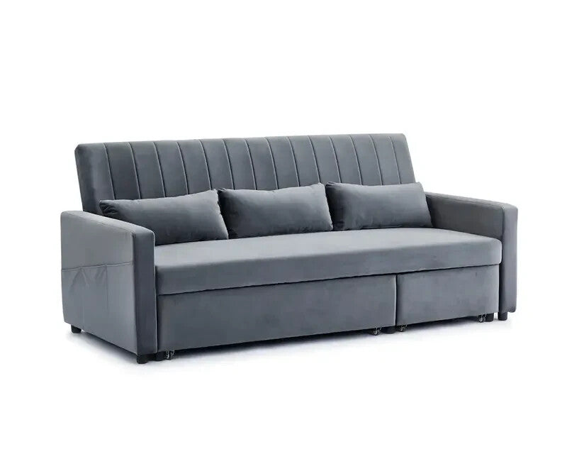 Grey Velvet 3 Seater Sofa Bed Pull-Out Chaise Storage Guest Sleeper Couch