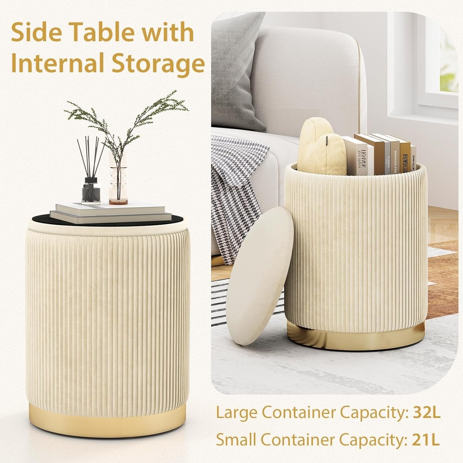 Set of 2 Beige Velvet Nesting Storage Footstools with Gold Trim Round Ottoman