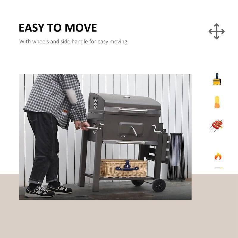 Charcoal BBQ Smoker Grill Trolley w/ Shelf, Lid, Thermometer, Hooks, Wheels