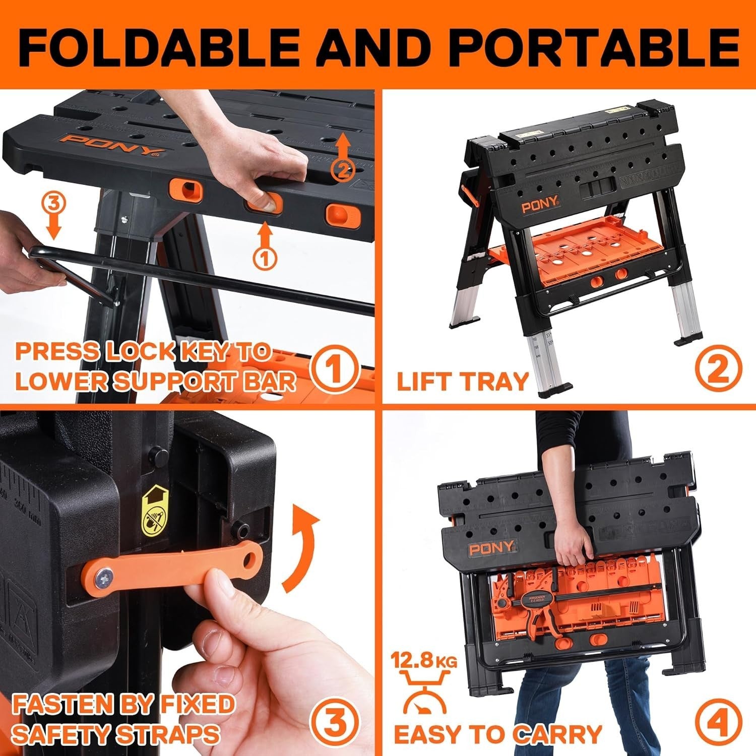 2-in-1 Folding Workbench & Sawhorse 454kg Load 6-Height Table with Clamps