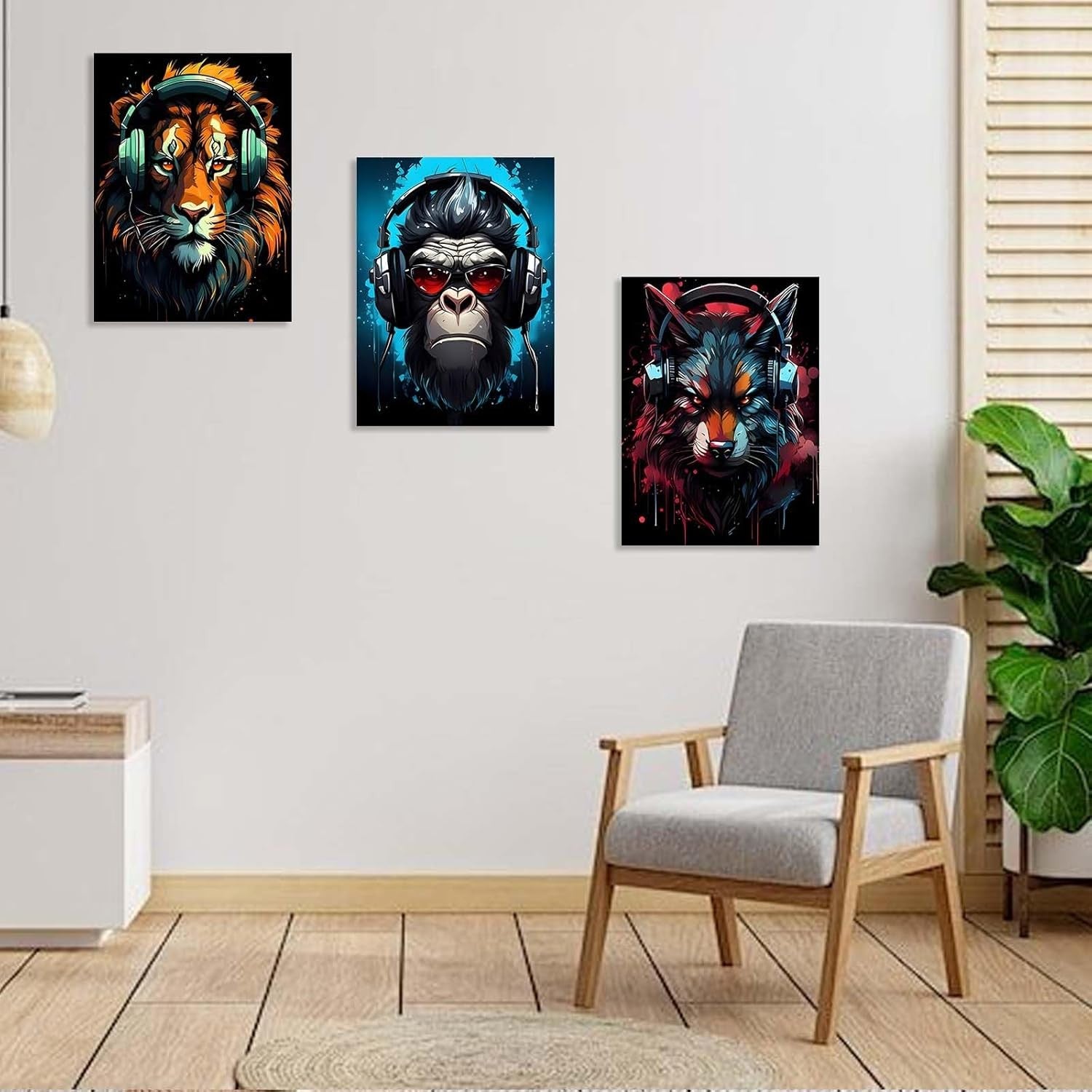 Set of 3 Music Animal Canvas Wall Art 12x16 Framed Lion Gorilla Wolf