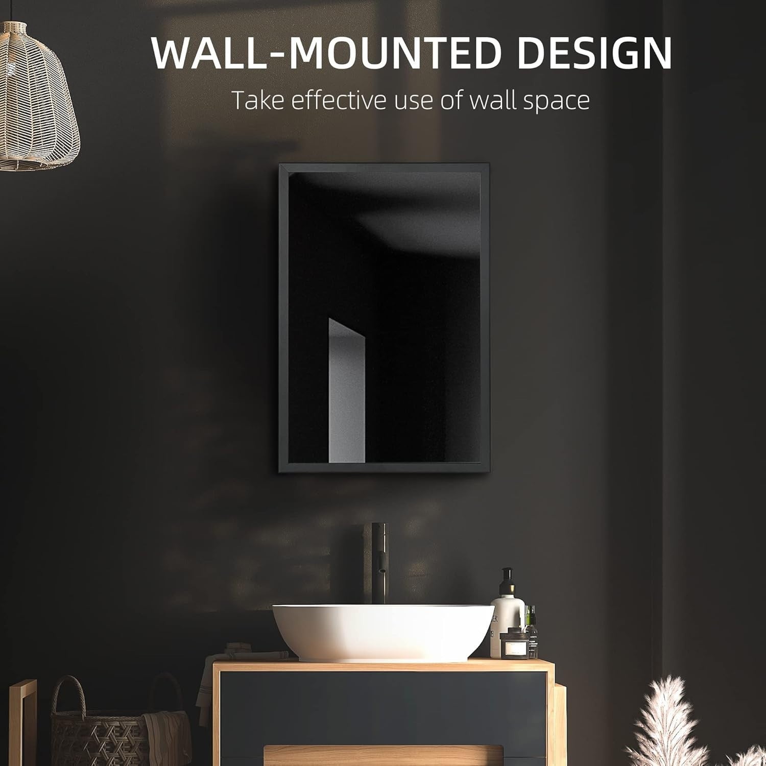 Wall Mounted Bathroom Mirror Cabinet with Storage Shelves, 60cm Black