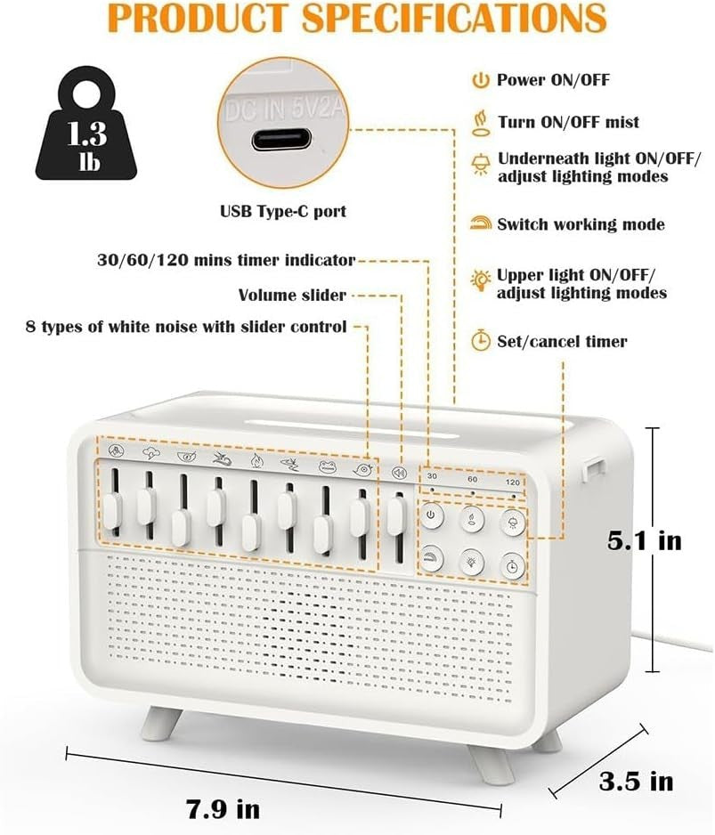 White Noise Machine & Aroma Diffuser with Night Light, 8 Sounds, USB