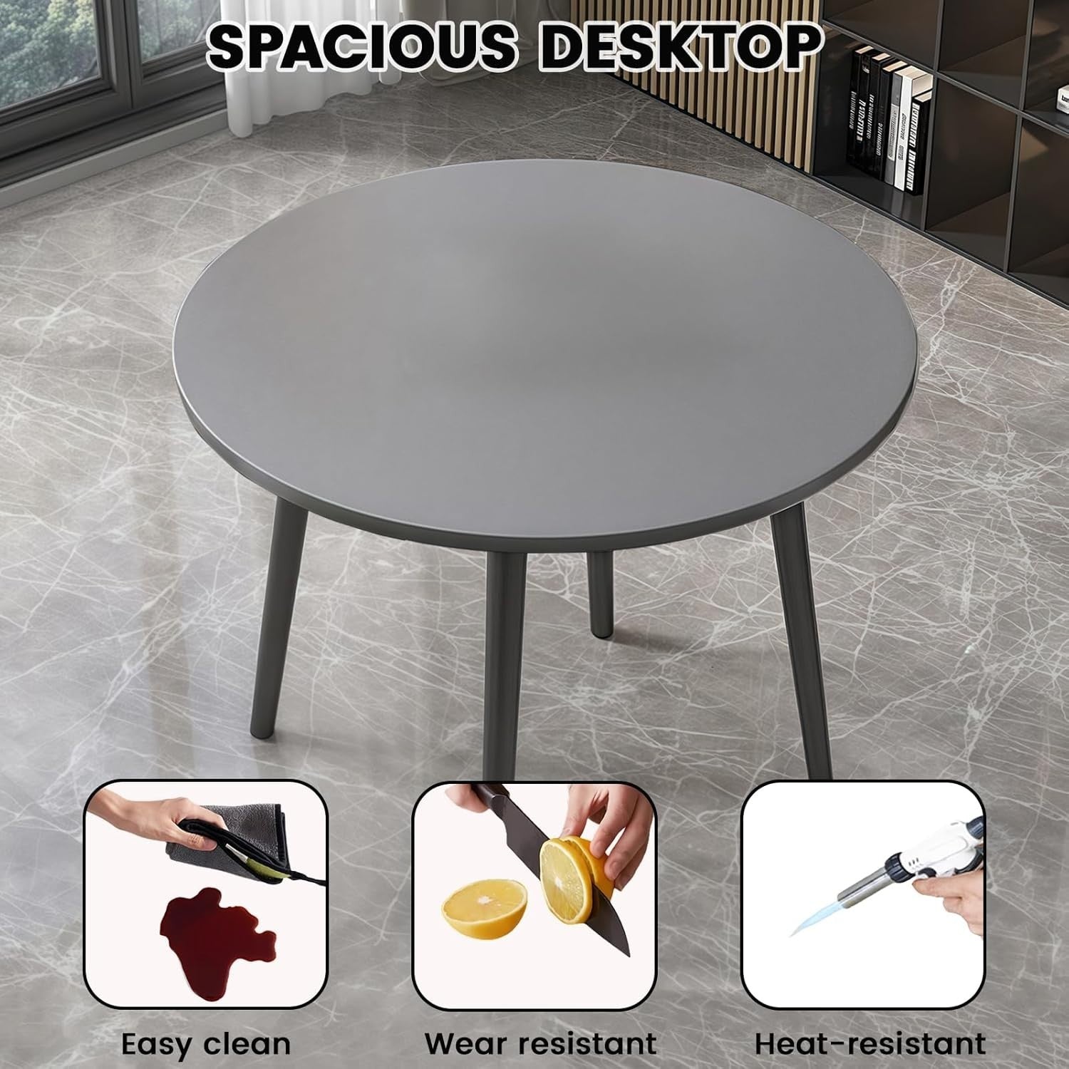 Modern 5-Piece Round Dining Table Set with 4 Faux Leather Chairs Grey