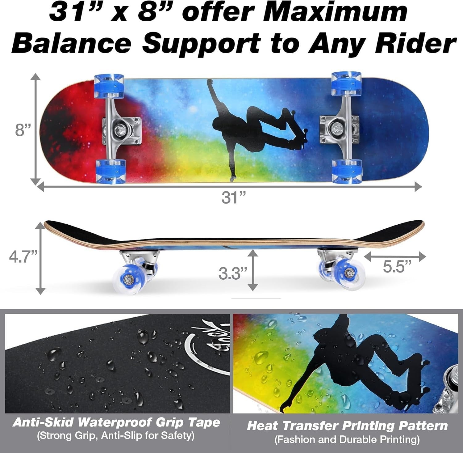 31x8 Complete Skateboard Double Kick Maple Deck Kids Teen Adult Blue