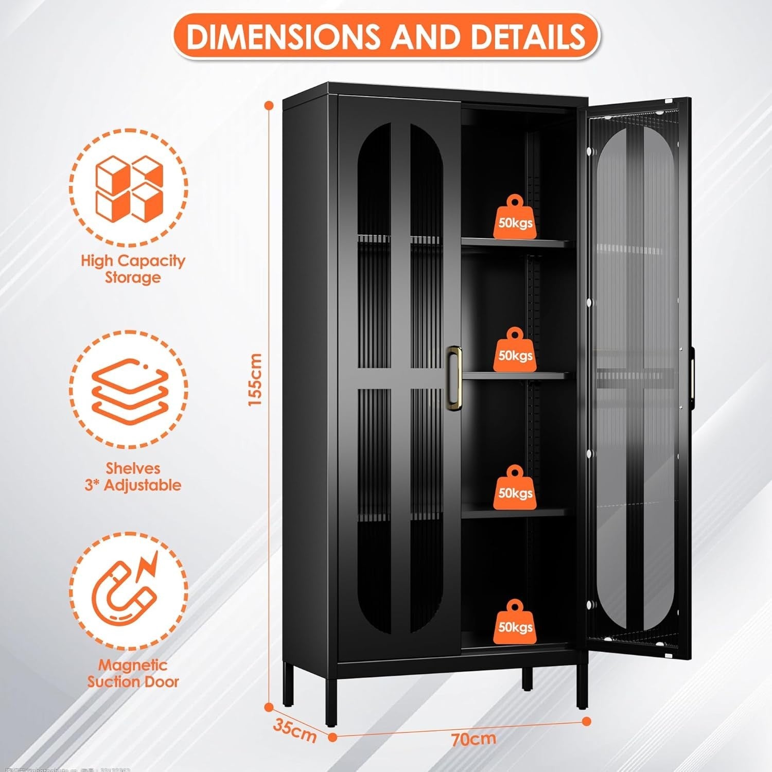 Adjustable 4-Tier Black Metal Storage Cabinet with Glass Doors – 155cm