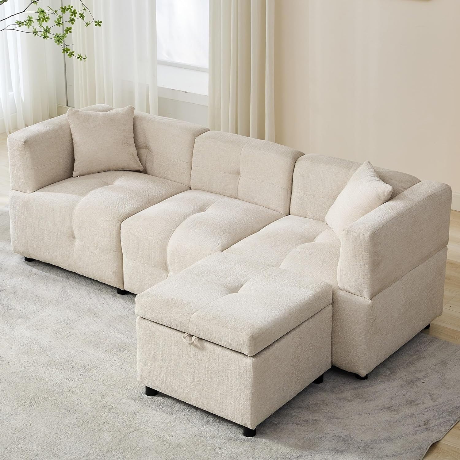 L Shape 3 Seater Sofa Bed with Storage Ottoman Beige Corner Couch Home