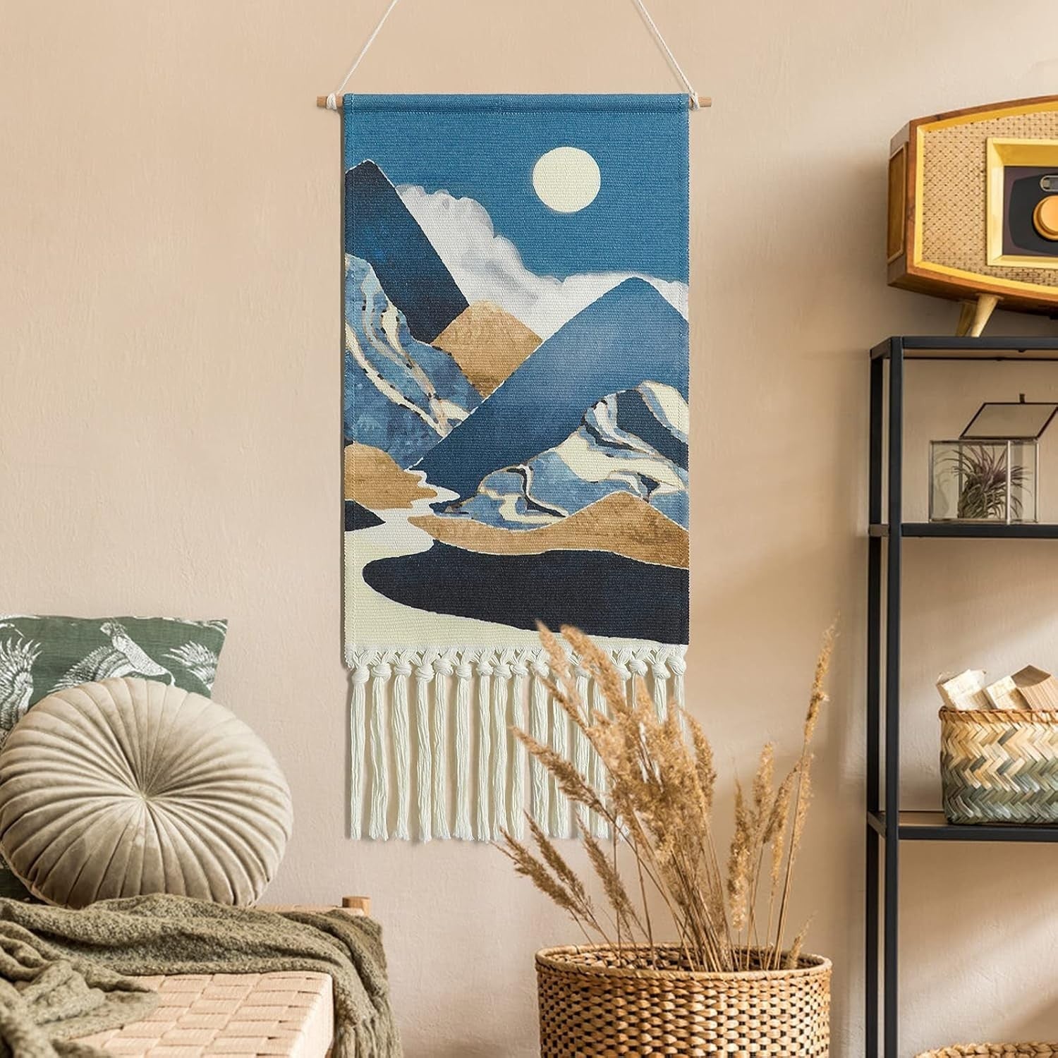 Boho Macrame Wall Hanging Moon Sun Mountain Woven Decor Blue