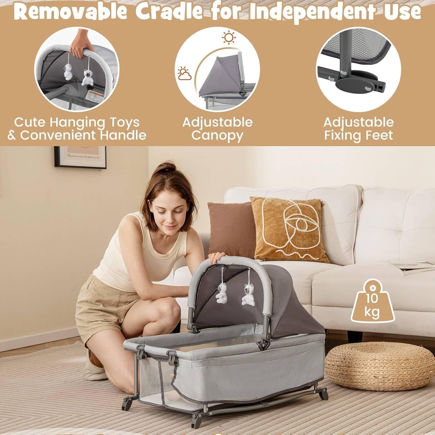 5in1 Baby Travel Cot Foldable Crib with Mattress, Changer & Storage Grey