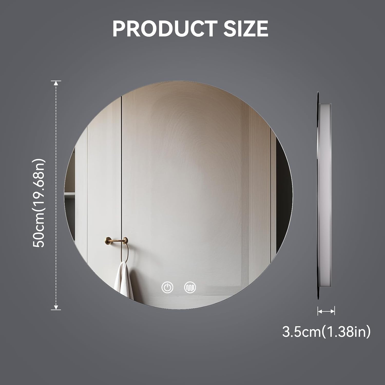 LED Round Bathroom Mirror 50cm Wall Mounted Anti-Fog Light Touch Sensor