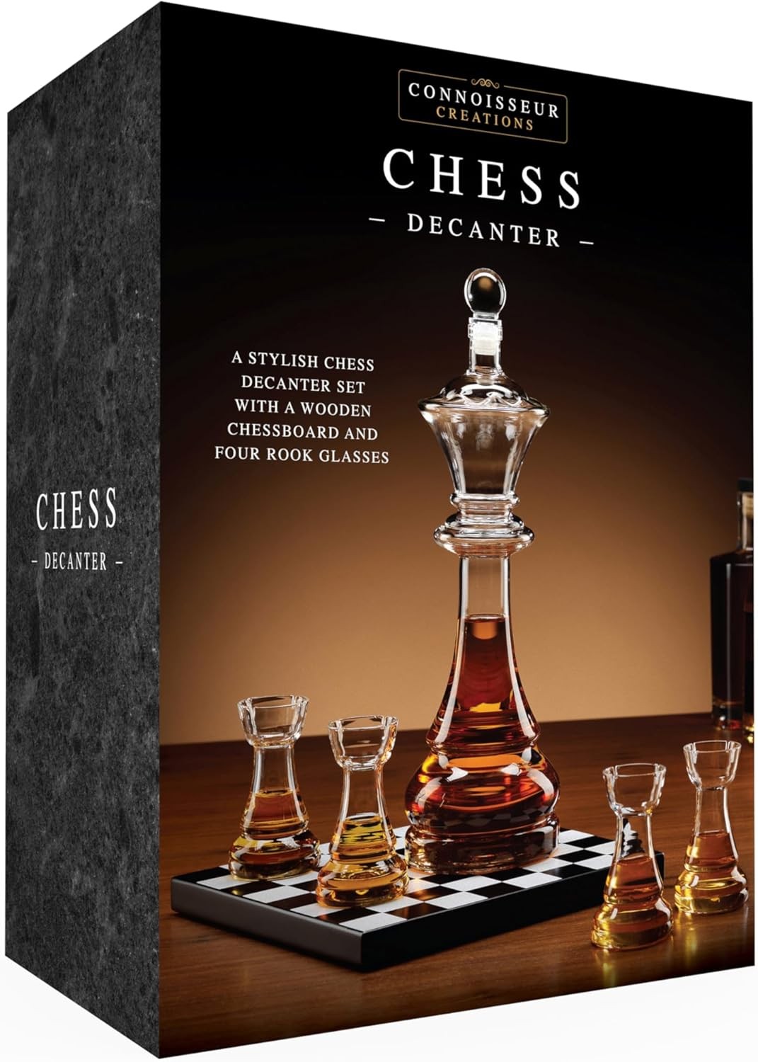 Glass Chess Decanter Set 750ml with Rook Shot Glasses Luxury Gift Base