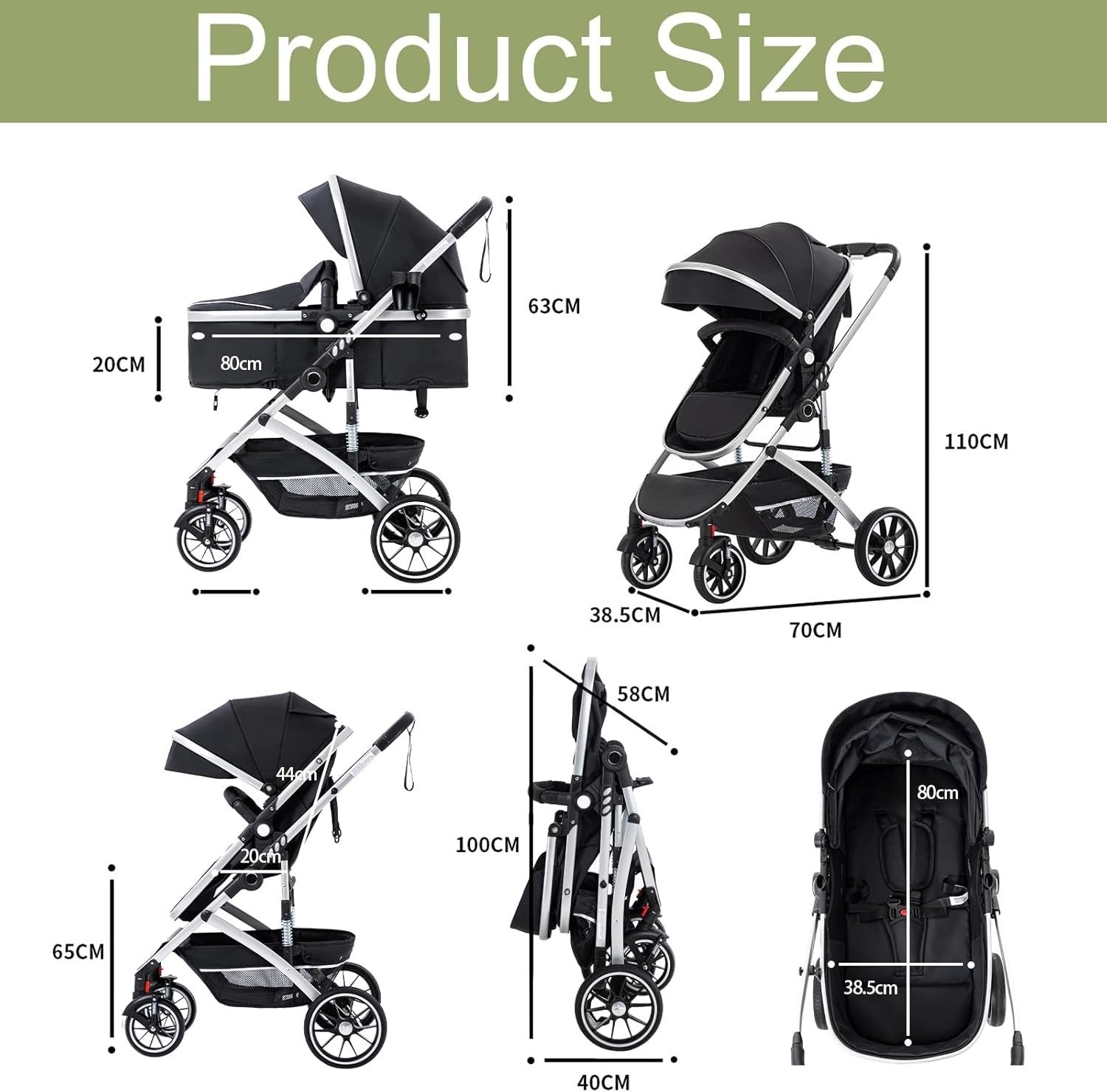 Pink 3 in 1 Baby Pram City Stroller Car Seat One Hand Fold