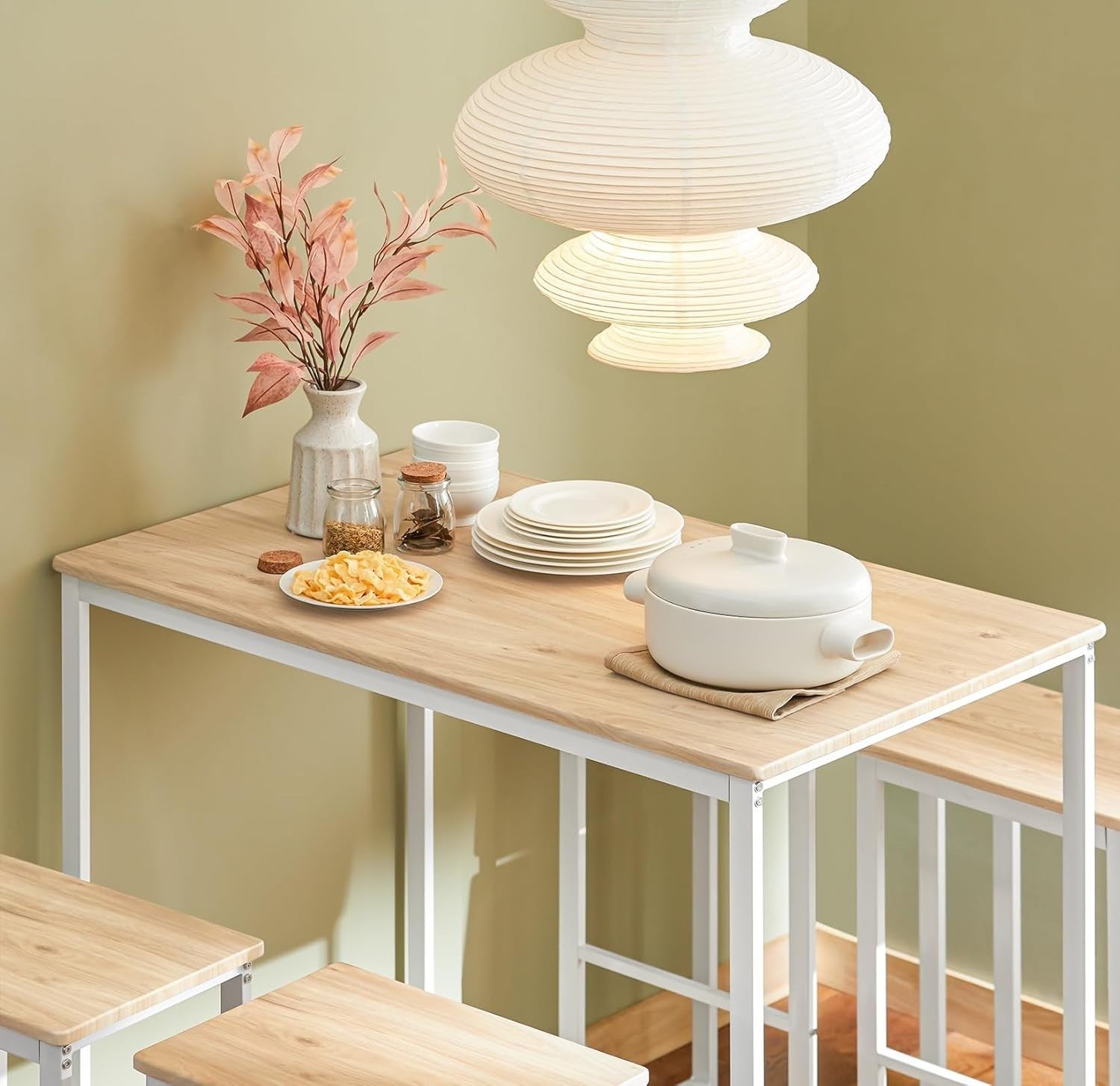 Compact Breakfast Bar Setup High Table Set 4 Stools, White & Natural 100×60cm