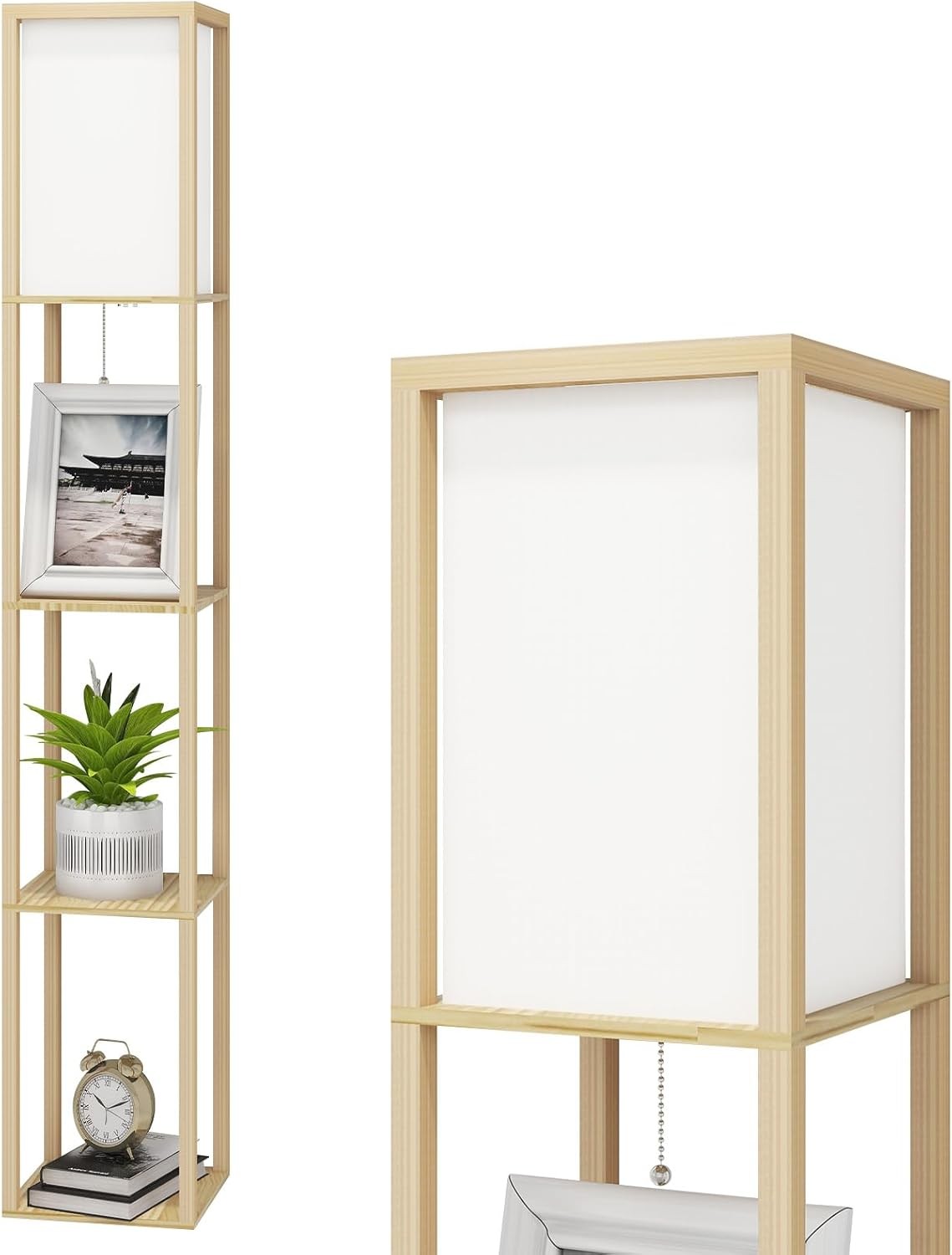 Floor Lamp with Shelves Storage Standing Light Wooden Modern E27 Tall