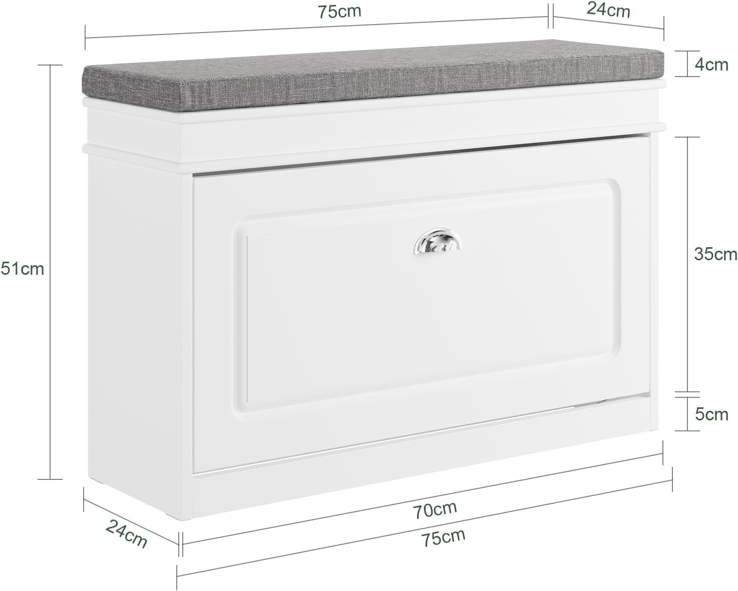 Compact White Shoe Storage Bench with Flip Drawer & Cushion, 150kg Load